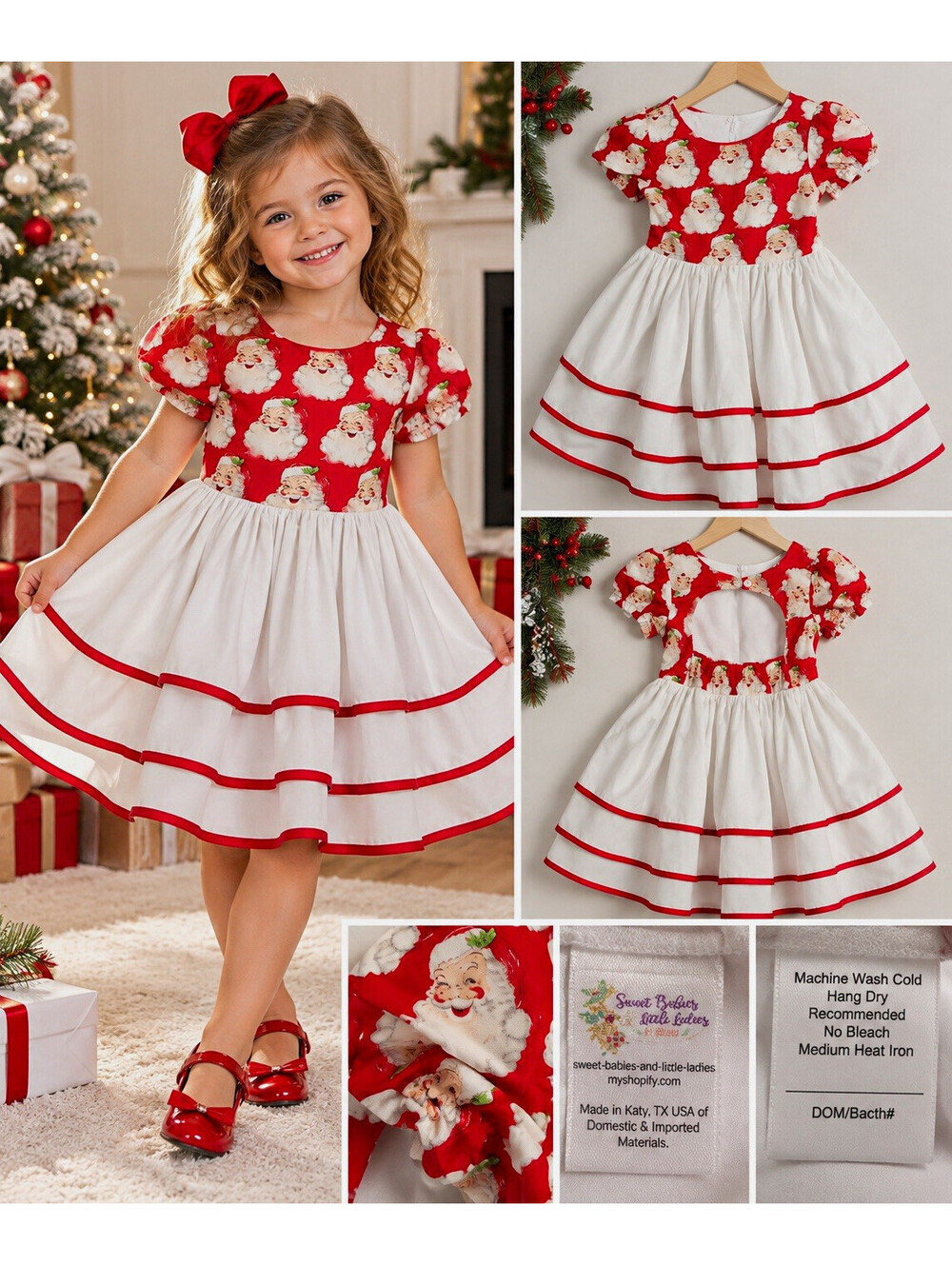 Sweet Babies Little Ladies Girl Santa Christmas Dress Vintage Style 5/6 USA Made